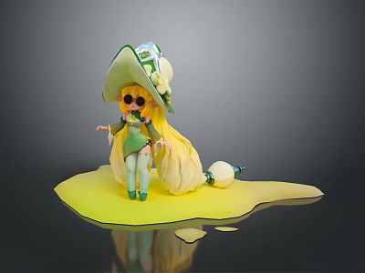 Green Hat Character With Yellow Long Hair And Small Yellow Creature On Yellow Platform 3d model