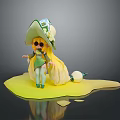 Green Hat Character With Yellow Long Hair And Small Yellow Creature On Yellow Platform