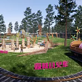 Lively Children's Playground in Wooded Area with Forest Train Ride Slides Swings and Green Grass