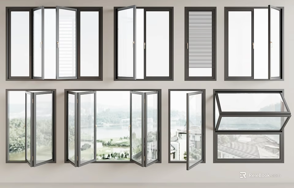 Modern Casement Windows Open Closed Various Designs With Clear Glass And Frames 3d model 