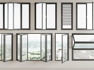 Modern Casement Windows Open Closed Various Designs With Clear Glass And Frames 3d model