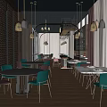 Modern Restaurant Interior With Wooden Flooring Green Black Chairs Pendant Lights And Decorative Wall Panels