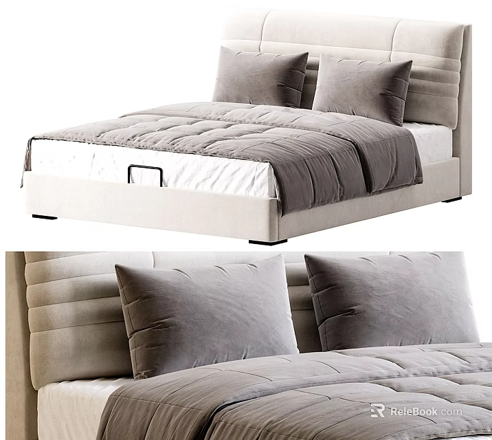 Modern Double Bed With Beige Upholstered Headboard And Gray Velvet Quilted Bedding 3d model 
