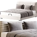Modern Double Bed With Beige Upholstered Headboard And Gray Velvet Quilted Bedding