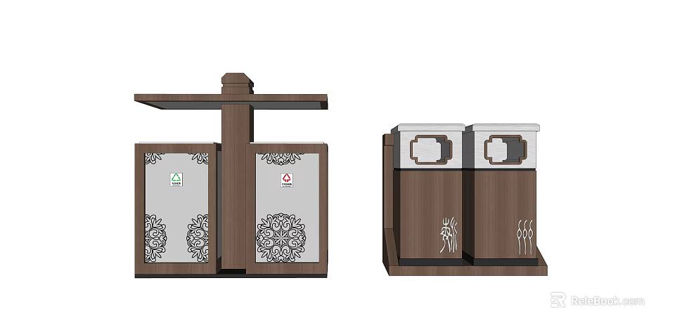 Public Facilities Sorted Waste Bins With Decorative Patterns And Wooden Frames 3d model