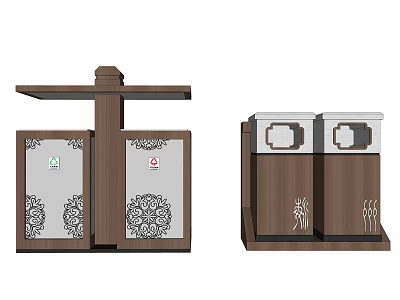 Public Facilities Sorted Waste Bins With Decorative Patterns And Wooden Frames 3d model
