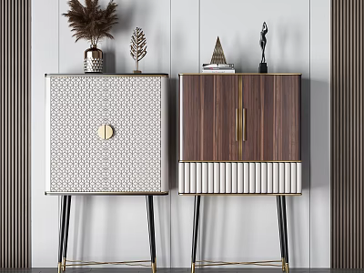 Elegant Modern Entryway And Side Cabinet With Geometric Pattern Wooden Design Golden Handles Metal Legs 3d model