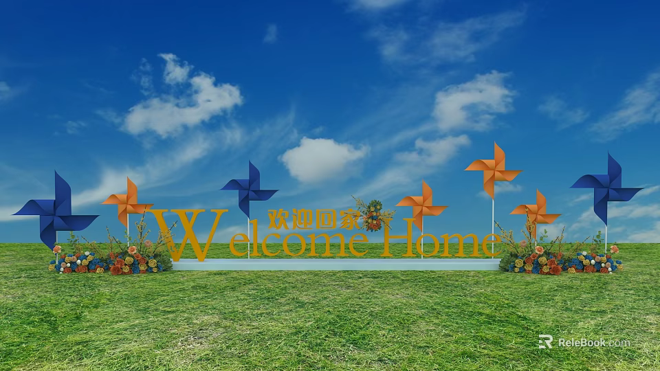 Floral Display With Blue Orange Pinwheels Welcome Home Sign On Green Grassland Under Sky Clouds 3d model 