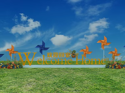 Floral Display With Blue Orange Pinwheels Welcome Home Sign On Green Grassland Under Sky Clouds 3d model