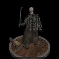 Man in Metal Armor Holding Scythe With Open Treasure Chest Standing On Circular Wooden Platform