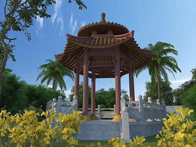Traditional Chinese Style Pavilion With Curved Roof Among Palm Trees And Yellow Flowers 3d model
