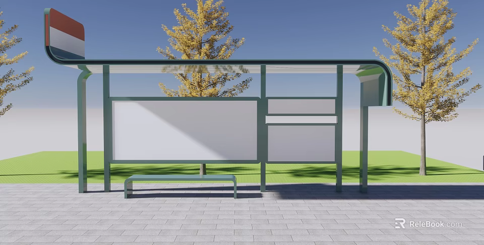 Modern Bus Station With Green Frame White Panels Bench And Yellow Trees 3d model 