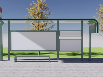 Modern Bus Station With Green Frame White Panels Bench And Yellow Trees 3d model