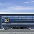 Modern Office Building With Glass Facade And Corporate Logo In Landscaped Surroundings
