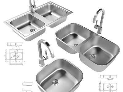 Stainless Steel Kitchen Sinks With Double Single Bowl Design And Faucet Dimensions 3d model