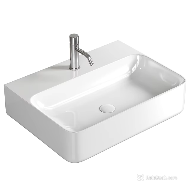 Modern White Square Shaped Washbasin With Sleek Design And Silver Metal Faucet 3d model 