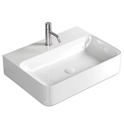 Modern White Square Shaped Washbasin With Sleek Design And Silver Metal Faucet 3d model
