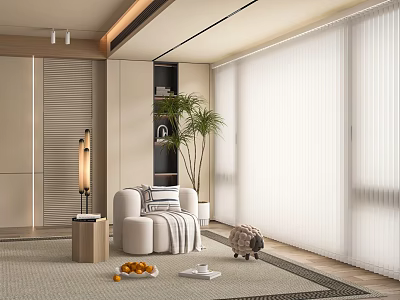Modern Living Room Interior Beige Lazy Sofa With Soft Carpet Green Plant And Floor Lamp 3d model