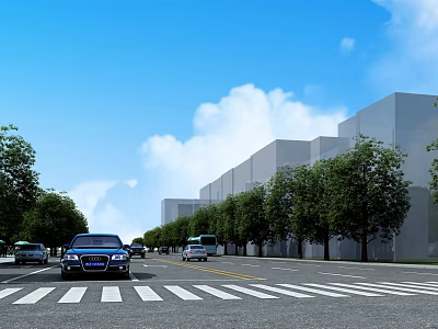 Modern Road Infrastructure with Crosswalk Vehicles Green Trees and Urban Buildings 3d model