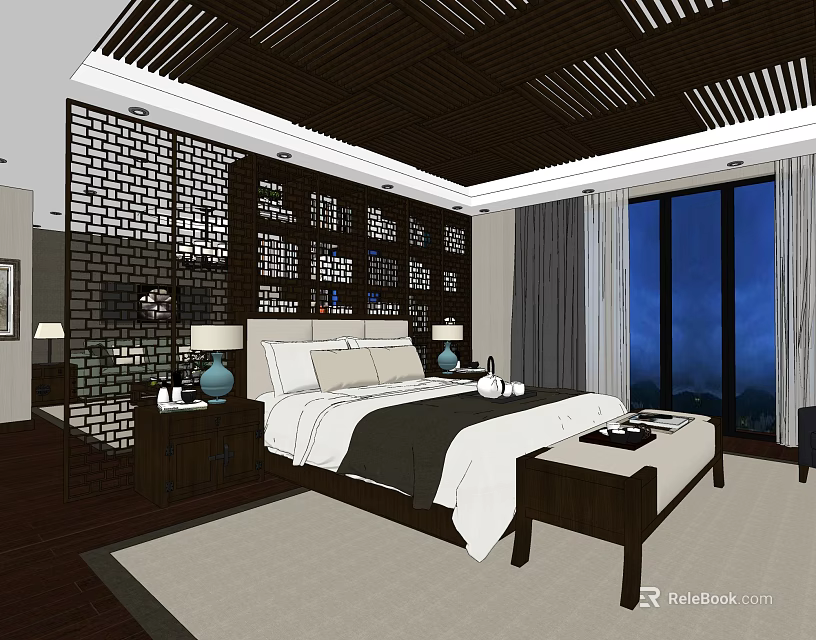 Hotel Guest Room Interior Featuring Chinese Style Lattice Wall Large Bed And Night View 3d model 