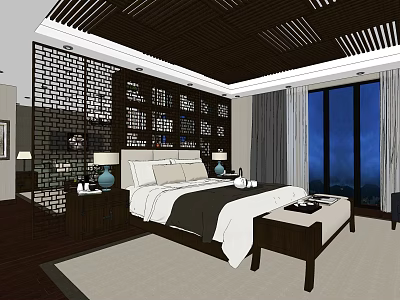 Hotel Guest Room Interior Featuring Chinese Style Lattice Wall Large Bed And Night View 3d model