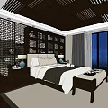 Hotel Guest Room Interior Featuring Chinese Style Lattice Wall Large Bed And Night View
