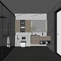 Modern Bathroom Interior With Marble Walls Lighted Mirror Wooden Vanity And Potted Plant
