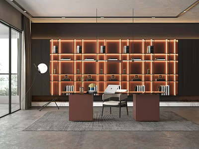 Modern Study Room Interior Design With Illuminated Bookshelves Wooden Desk And Floor Lamp 3d model