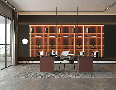 Modern Study Room Interior Design With Illuminated Bookshelves Wooden Desk And Floor Lamp 3d model