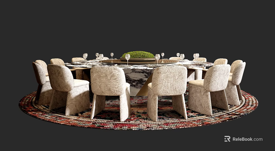 Elegant Round Dining Table Set With Upholstered Chairs And Decorative Centerpiece 3d model