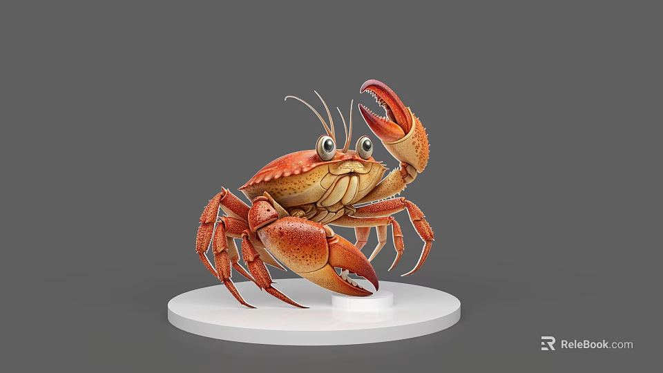 Orange Red Crab With Large Claws On White Circular Base Gray Background 3d model 