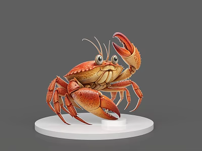 Orange Red Crab With Large Claws On White Circular Base Gray Background 3d model