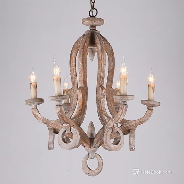 Rustic Wooden Chandelier With Curved Design And Candle Style Lights 3d model 