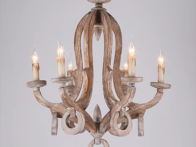 Rustic Wooden Chandelier With Curved Design And Candle Style Lights 3d model