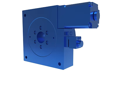 Blue Industrial Mechanical Component With Mounting Holes And Cylindrical Structure 3d model