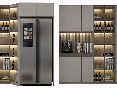 Elegant Modern Wine Cabinet Design With LED Lighting Wine Glasses Bottles And Decorative Items 3d model