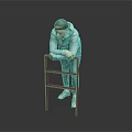 Man In Gray Hoodie Leaning On Metal Ladder Against Dark Background