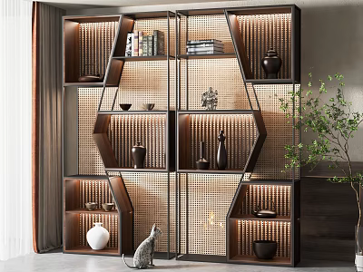 Modern Decorative Cabinet With Wooden Metal Frame Geometric Shelves LED Lighting And Displayed Vases Books 3d model