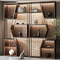 Modern Decorative Cabinet With Wooden Metal Frame Geometric Shelves LED Lighting And Displayed Vases Books