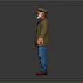 Bearded Man In Cap Green Jacket Gray Shirt Blue Pants Brown Shoes With Arms Outstretched