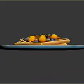 Delicious Waffles on Blue Plate with Orange Slices Blueberries and Yellow Fruits and Flower Decorations