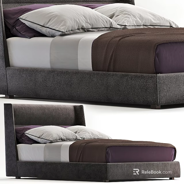 Modern Upholstered Double Bed With Gray Headboard Purple White Bedding And Pillows 3d model
