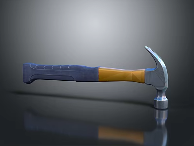 Steel Hammer Weapon with Blue Yellow Handle and Metal Head on Reflective Black Surface 3d model