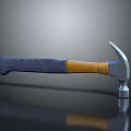 Steel Hammer Weapon with Blue Yellow Handle and Metal Head on Reflective Black Surface