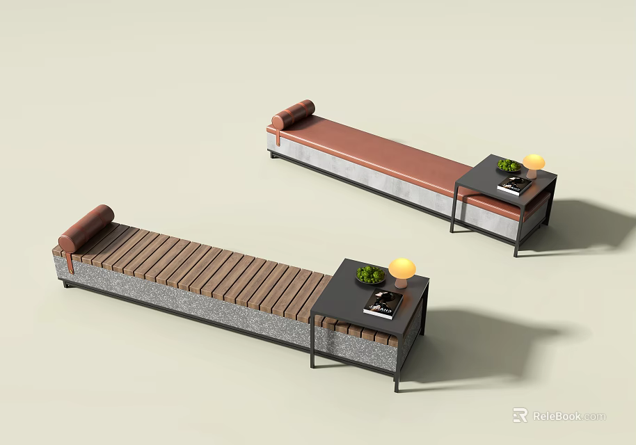 Modern Landscape Seats With Wooden Slats Metal Frames Side Tables And Decorative Lamps 3d model 