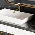 Elegant Black And Gold Washbasin Vanity With Marble Countertop Mirror And Shelves