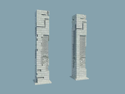 Two Ornate Stone Columns With Intricate Carved Patterns And Textured Surfaces 3d model
