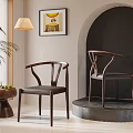 Modern Wooden Dining Chair With Curved Backrest And Black Leather Seat