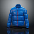 Blue Puffy Puffer Jacket With Red Stripe Modern Design And Sleek Look