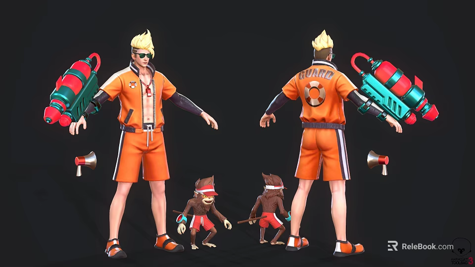 Game Character In Orange Outfit With TORNADO Print Green Red Weapon And Small Monkeys 3d model 